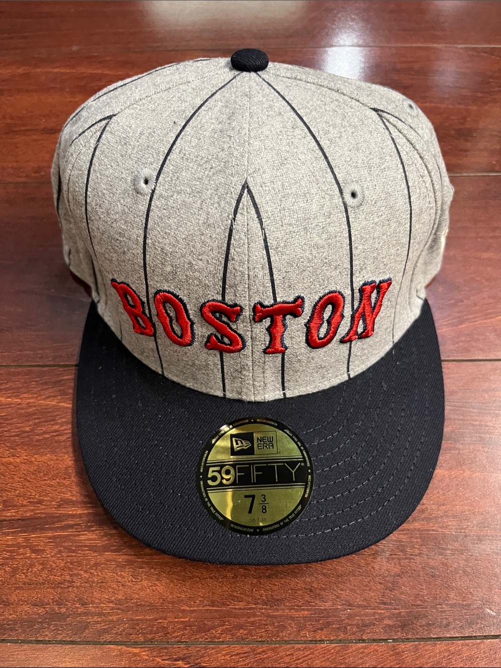 7 3/8 Boston Red Sox Heather Pinstripe New Era 59Fifty Fitted Hat Gray Cap New